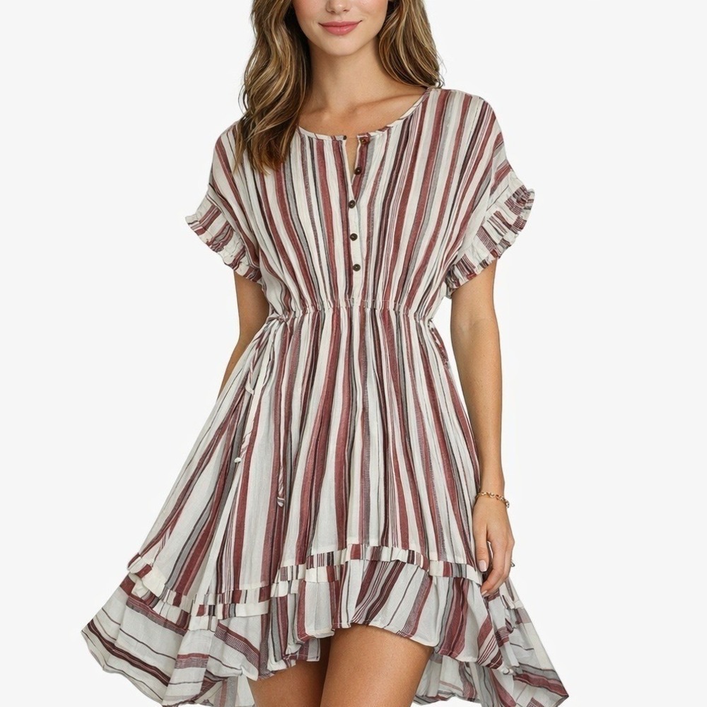 True Craft Womens Striped Handkerchief‎ Hem Midi Dress Ivory Burgundy Size M NEW